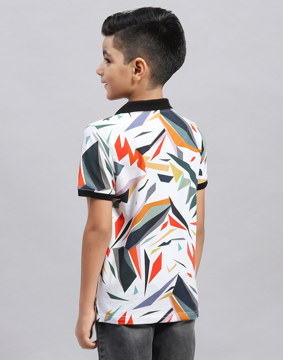 Boys Black & White Printed Polo Collar Half Sleeve T-Shirt