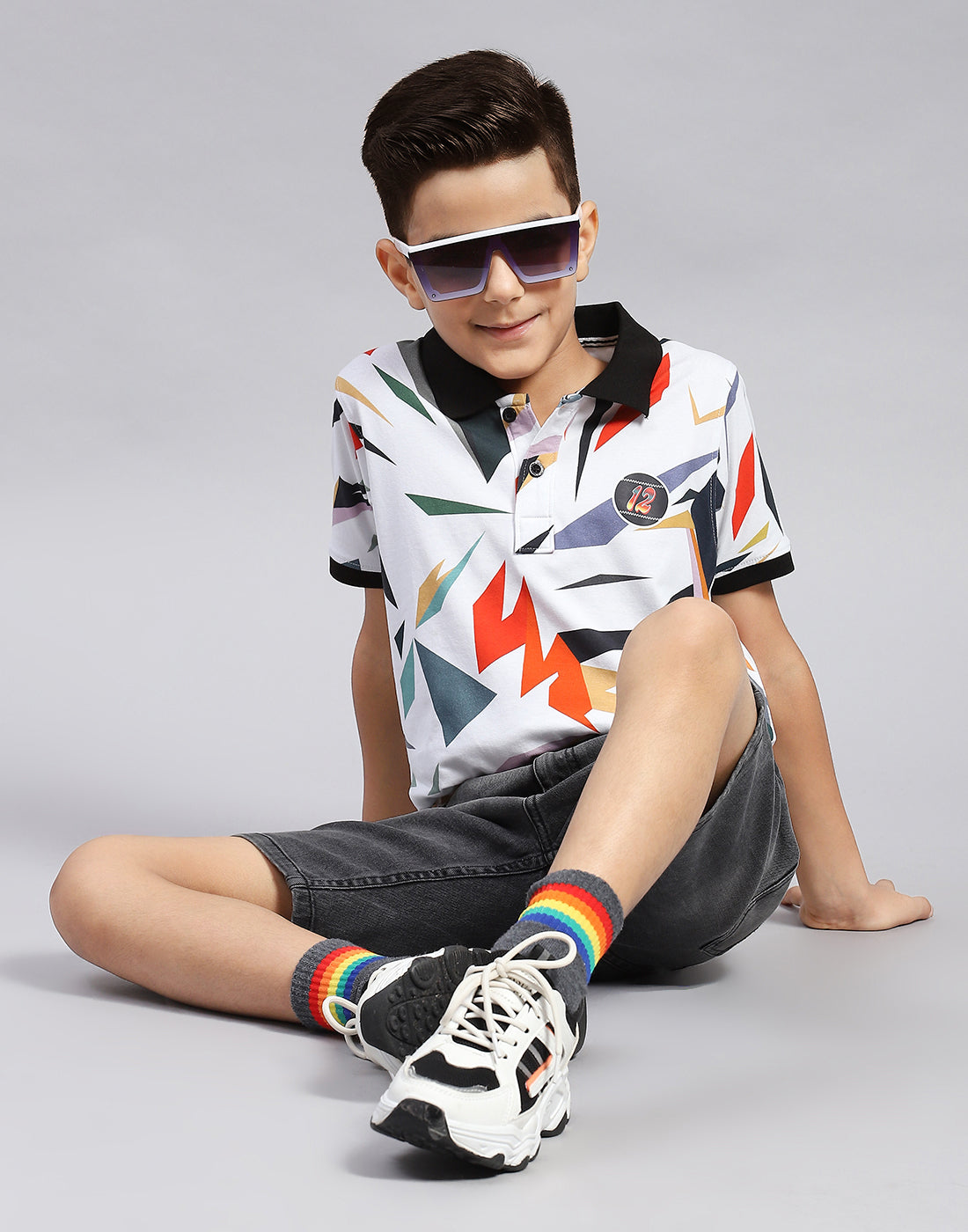 Boys Black & White Printed Polo Collar Half Sleeve T-Shirt