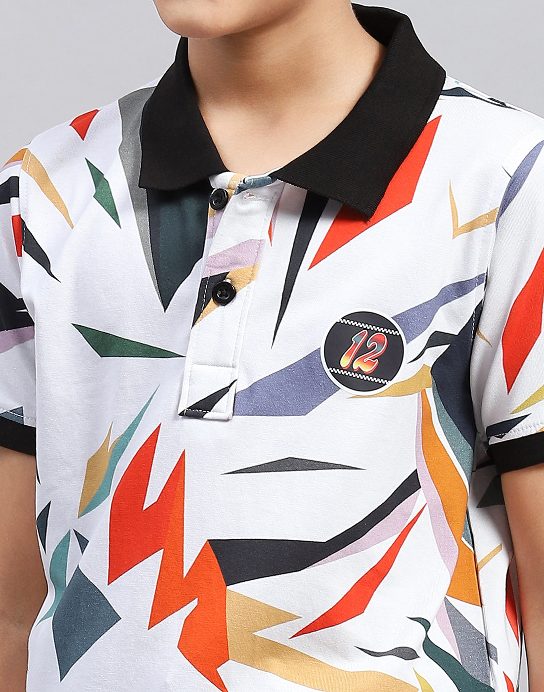 Boys Black & White Printed Polo Collar Half Sleeve T-Shirt