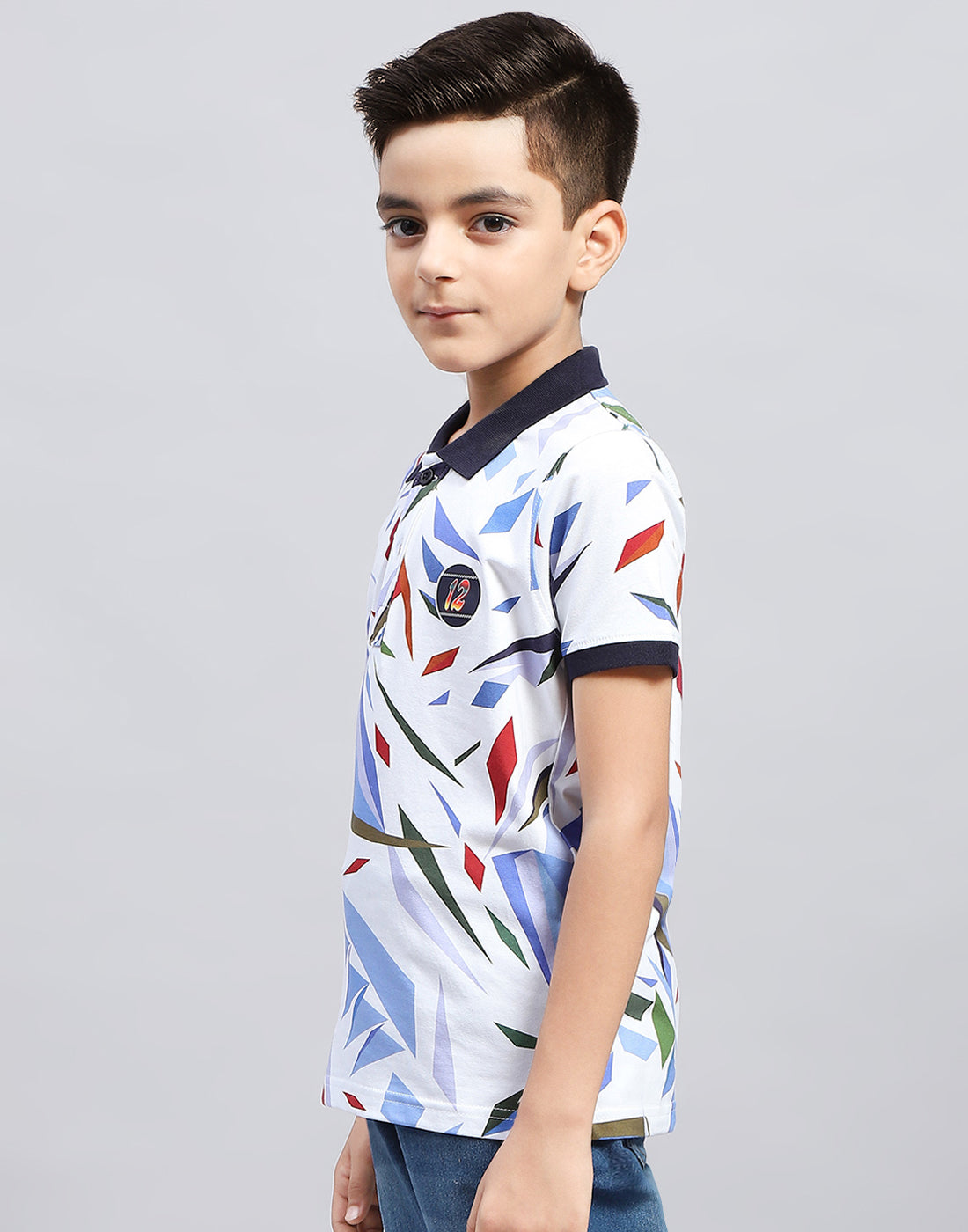 Boys Navy Blue & White Printed Polo Collar Half Sleeve T-Shirt