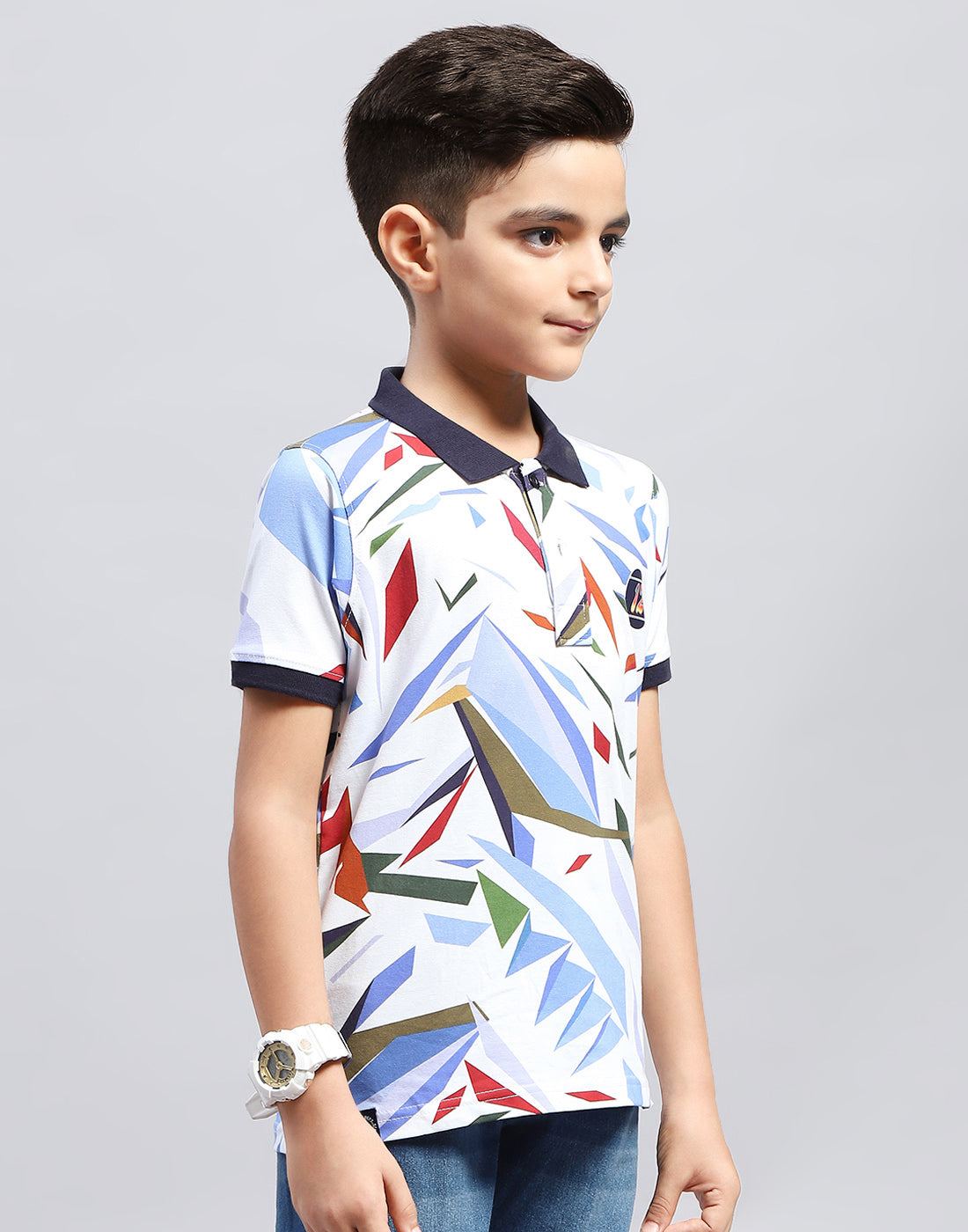 Boys Navy Blue & White Printed Polo Collar Half Sleeve T-Shirt