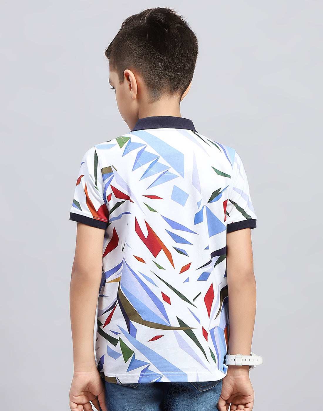 Boys Navy Blue & White Printed Polo Collar Half Sleeve T-Shirt