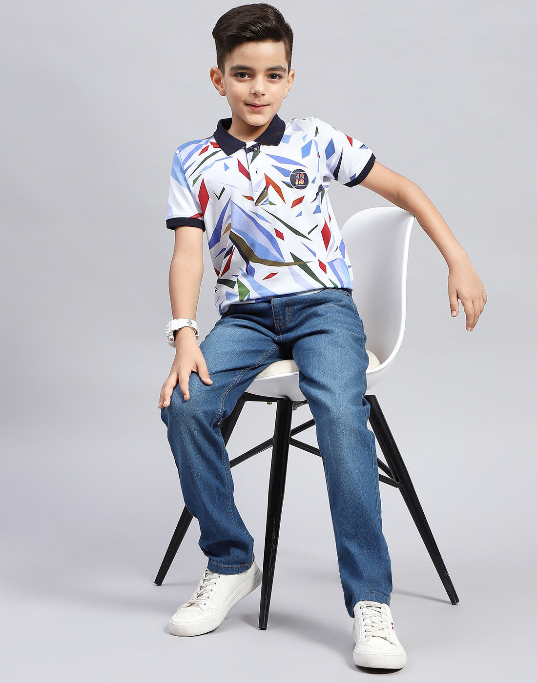 Boys Navy Blue & White Printed Polo Collar Half Sleeve T-Shirt