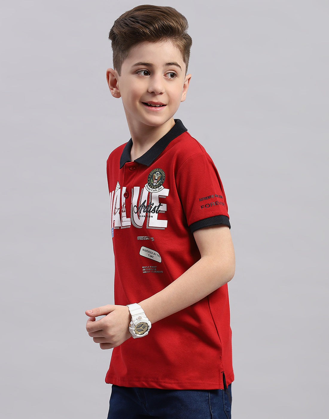 Boys Red Printed Polo Collar Half Sleeve T-Shirt