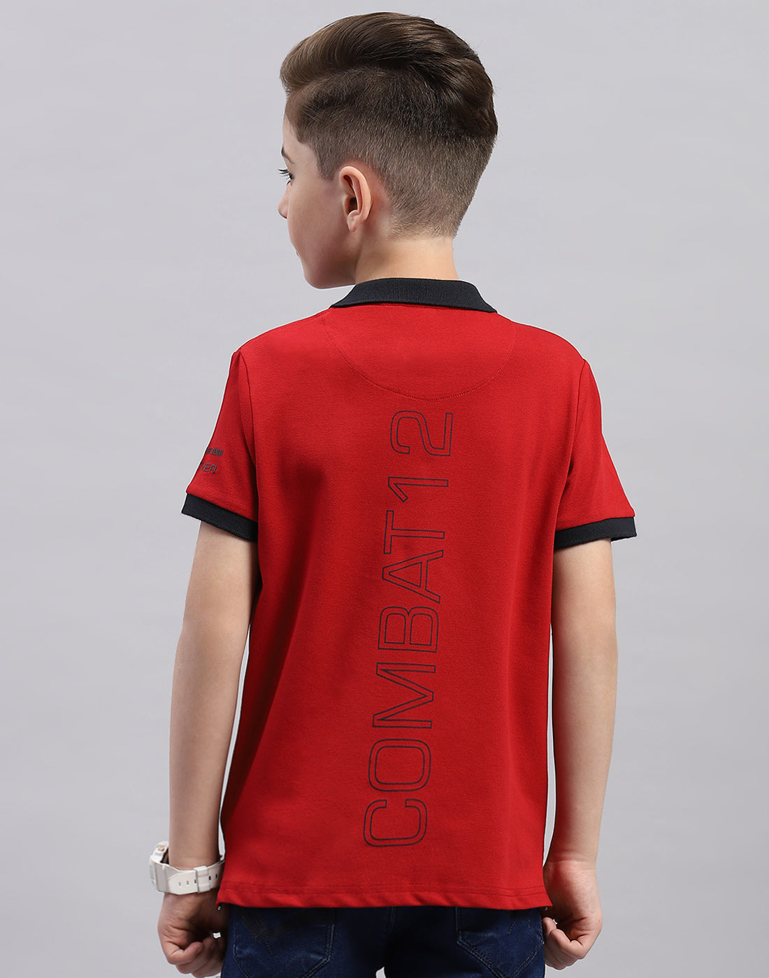 Boys Red Printed Polo Collar Half Sleeve T-Shirt