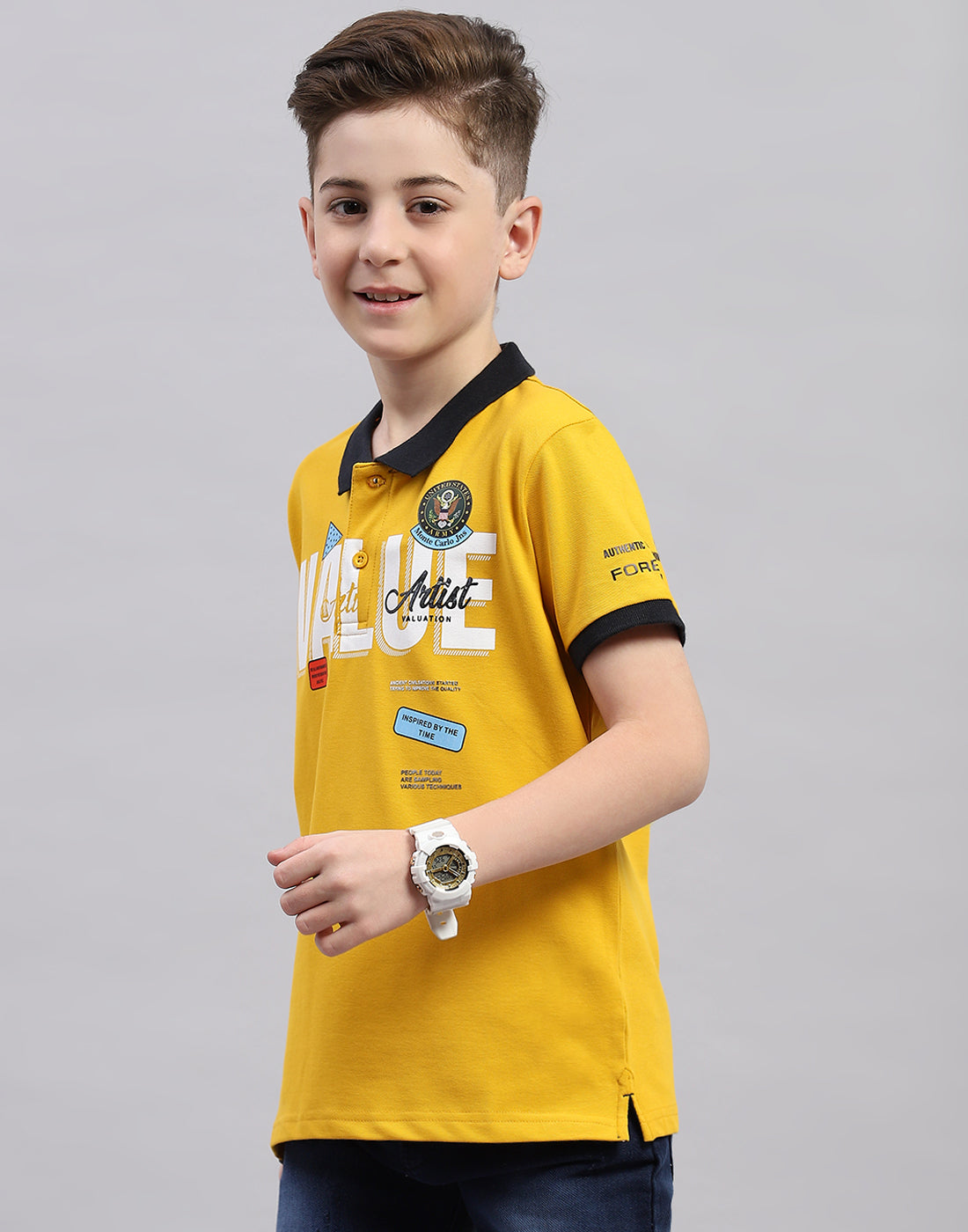 Boys Mustard Printed Polo Collar Half Sleeve T-Shirt