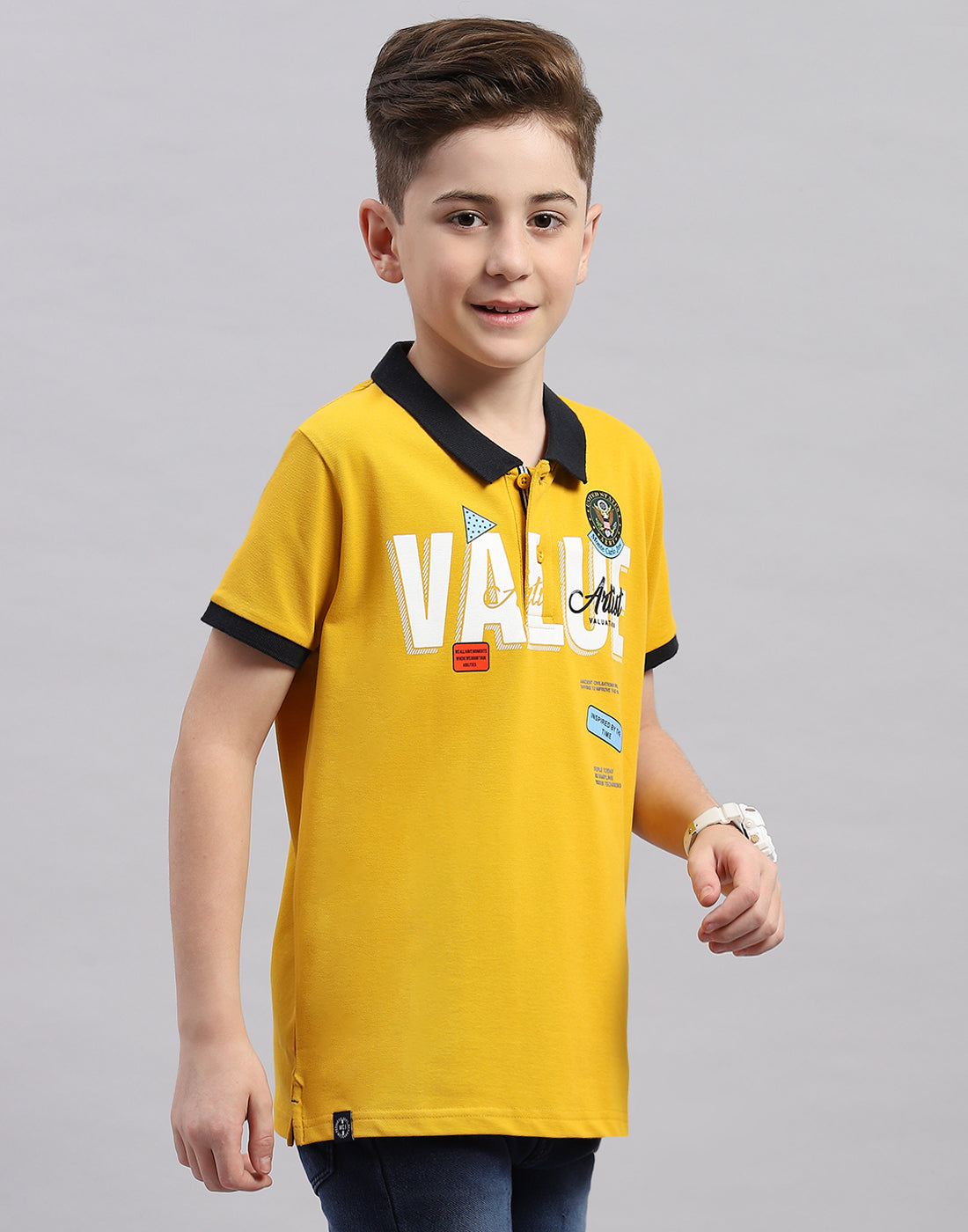 Boys Mustard Printed Polo Collar Half Sleeve T-Shirt