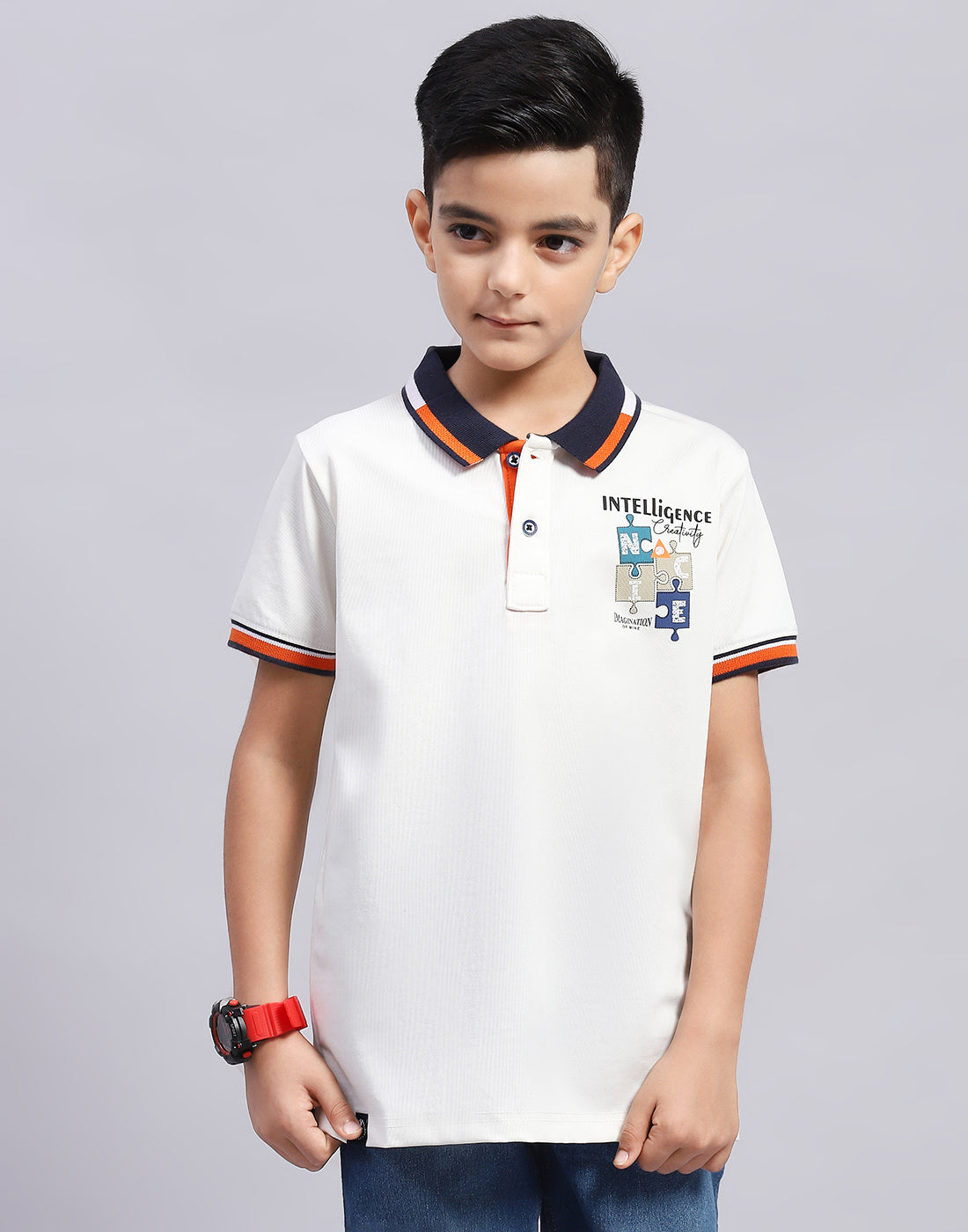 Boys Off White Printed Polo Collar Half Sleeve T-Shirt