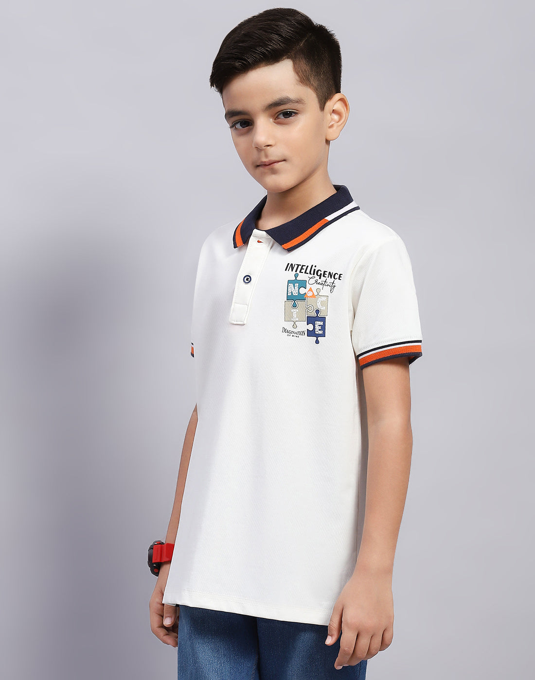 Boys Off White Printed Polo Collar Half Sleeve T-Shirt