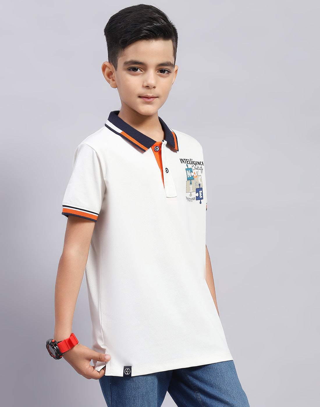 Boys Off White Printed Polo Collar Half Sleeve T-Shirt