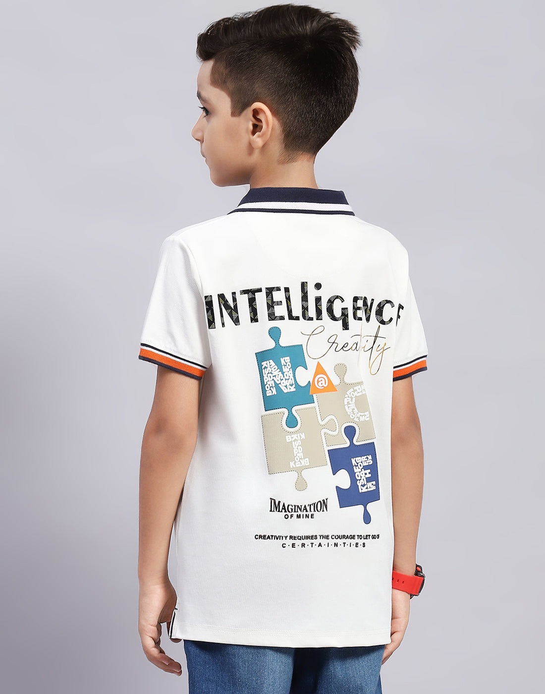 Boys Off White Printed Polo Collar Half Sleeve T-Shirt