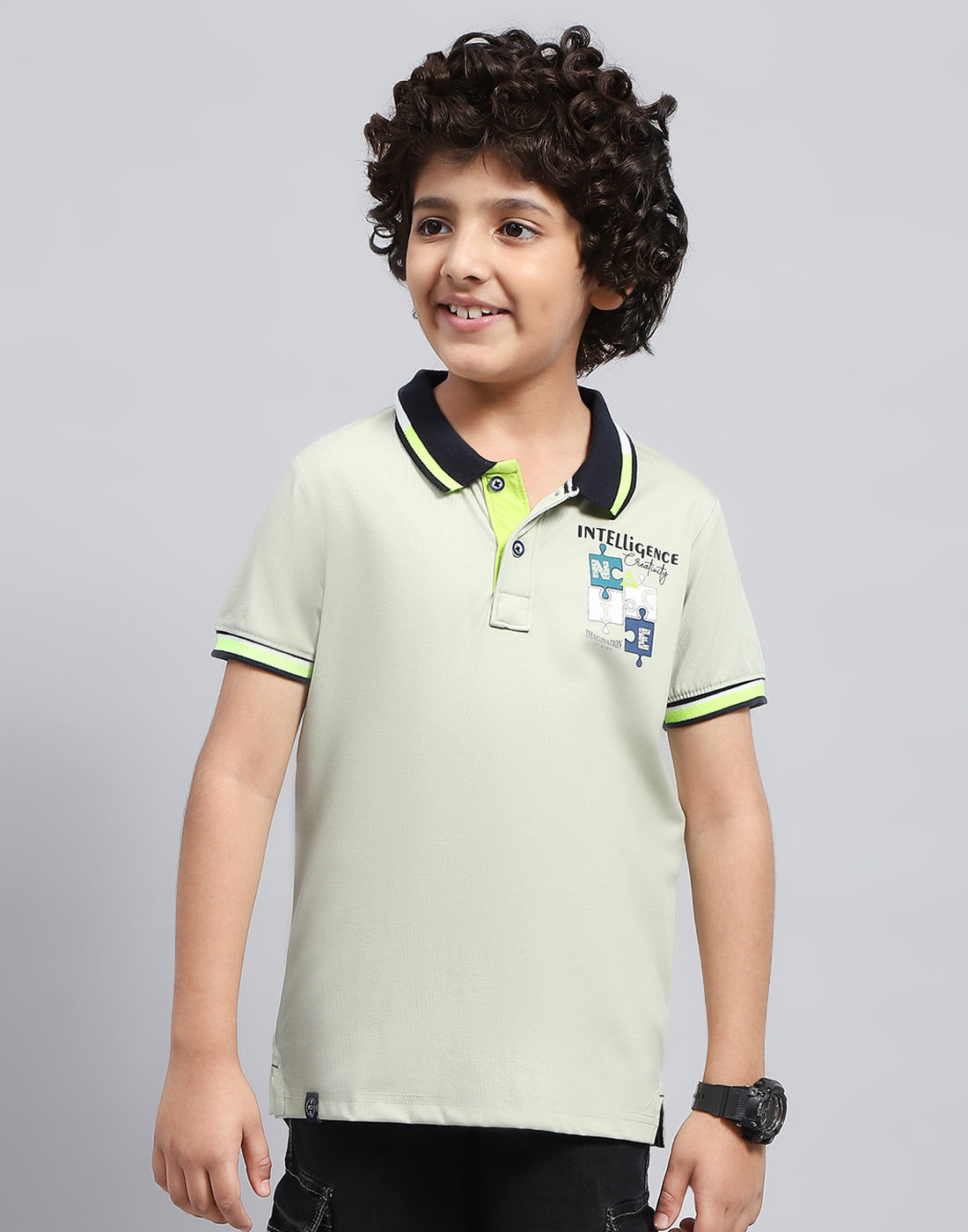 Boys Grey Printed Polo Collar Half Sleeve T-Shirt