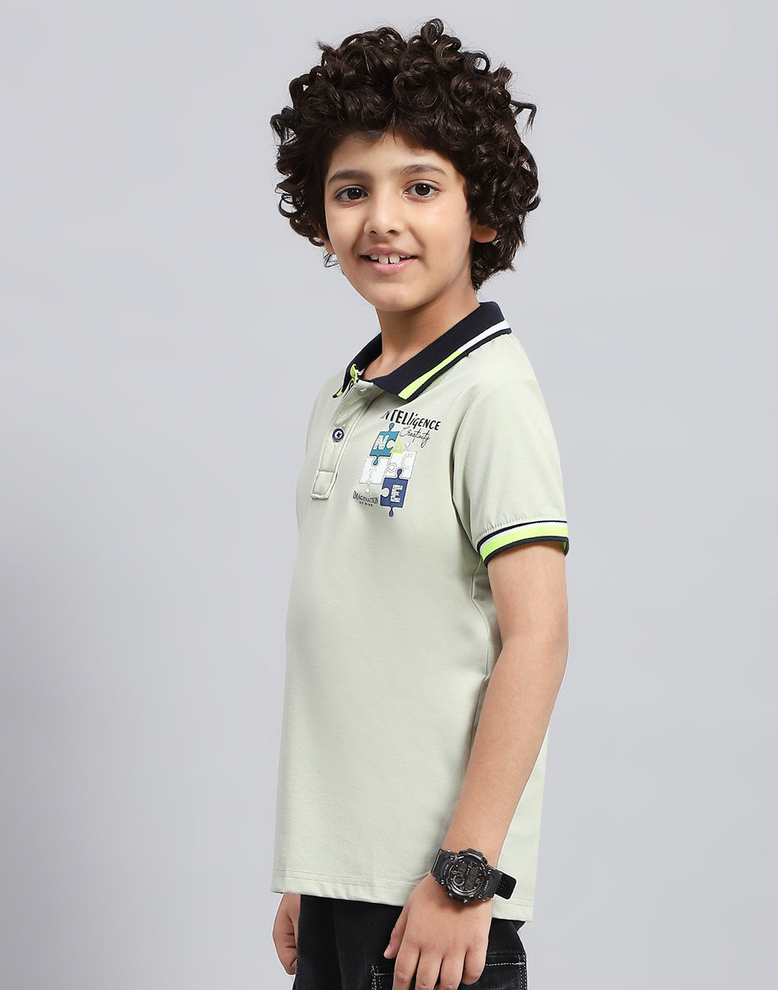 Boys Grey Printed Polo Collar Half Sleeve T-Shirt