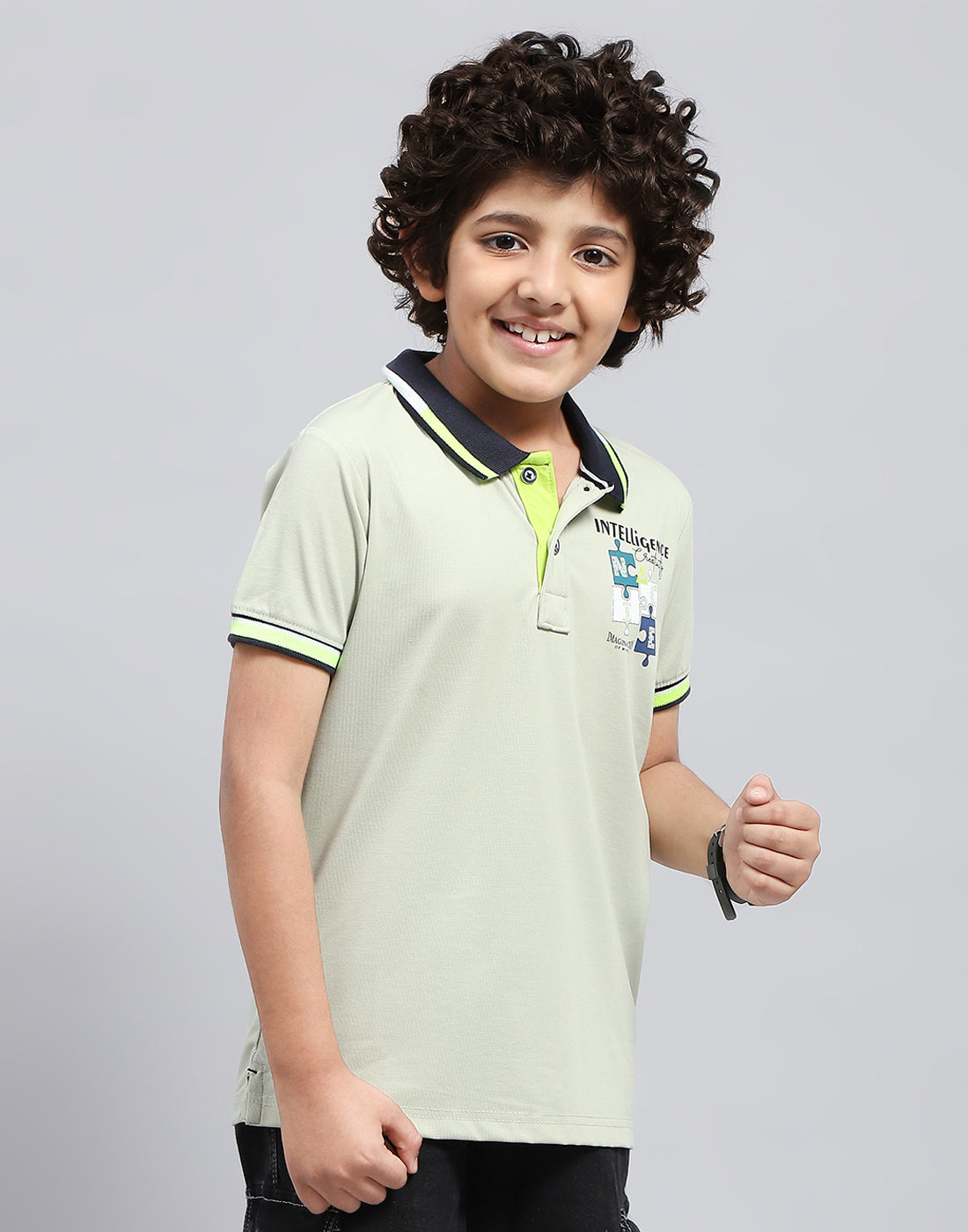 Boys Grey Printed Polo Collar Half Sleeve T-Shirt