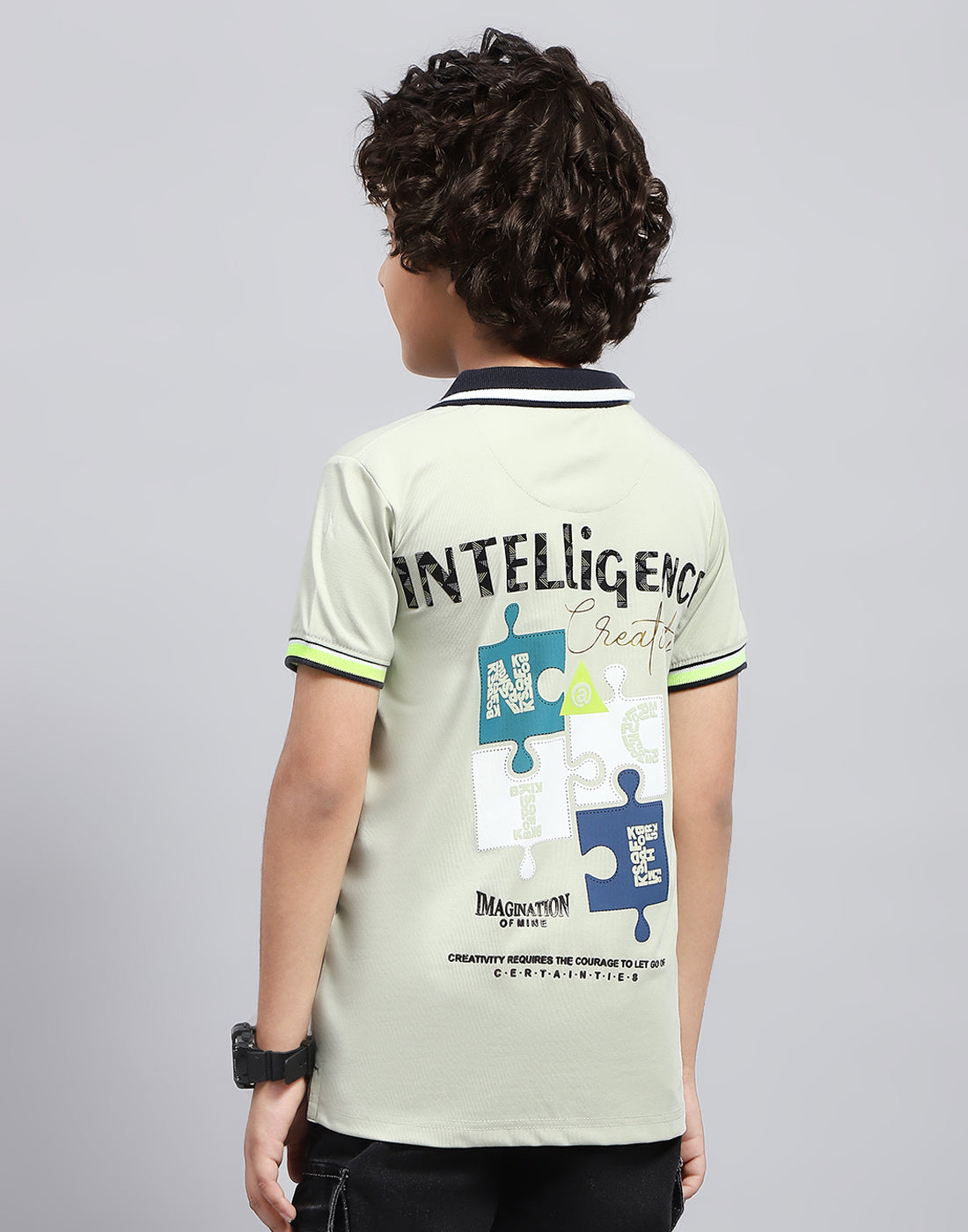 Boys Grey Printed Polo Collar Half Sleeve T-Shirt