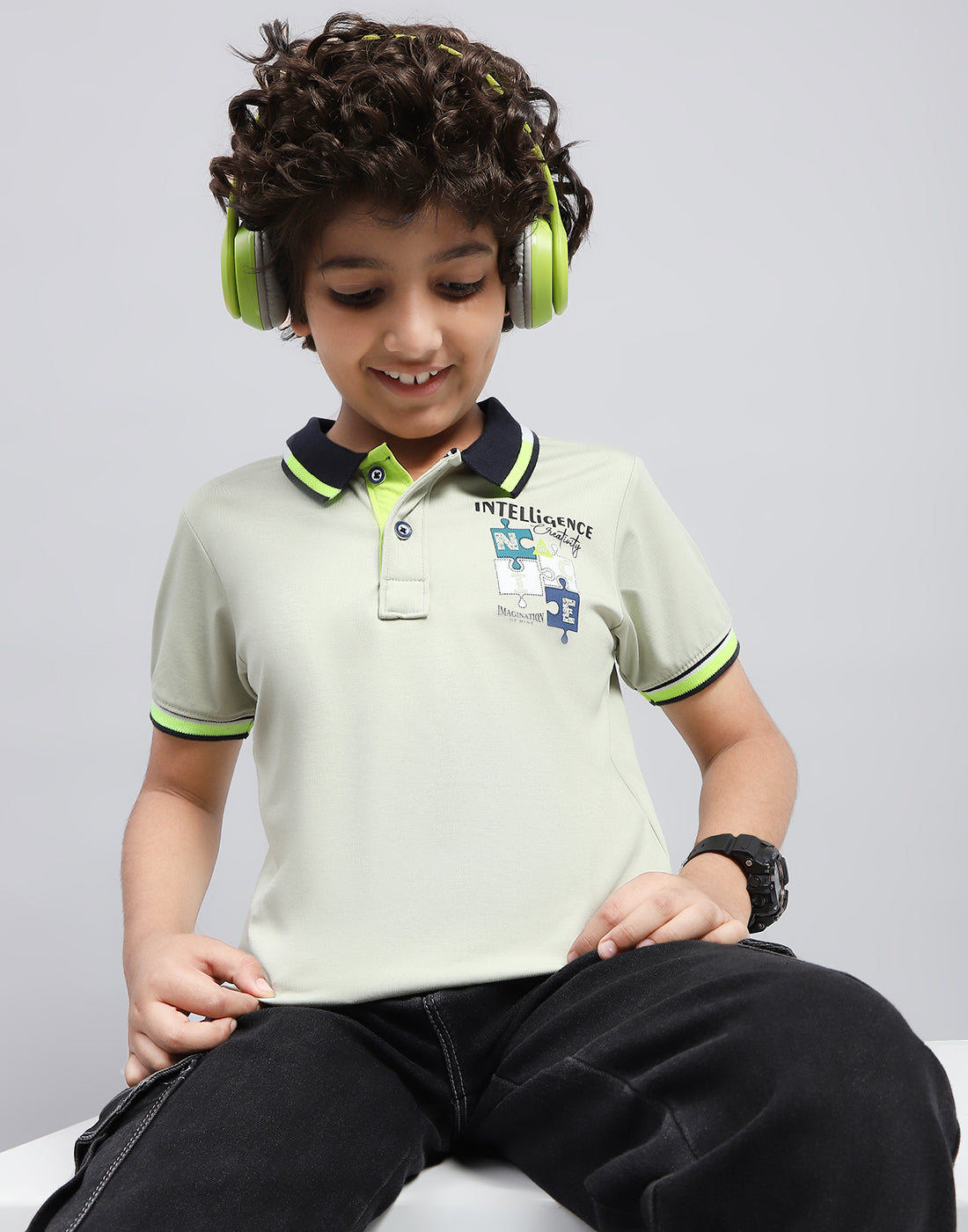 Boys Grey Printed Polo Collar Half Sleeve T-Shirt