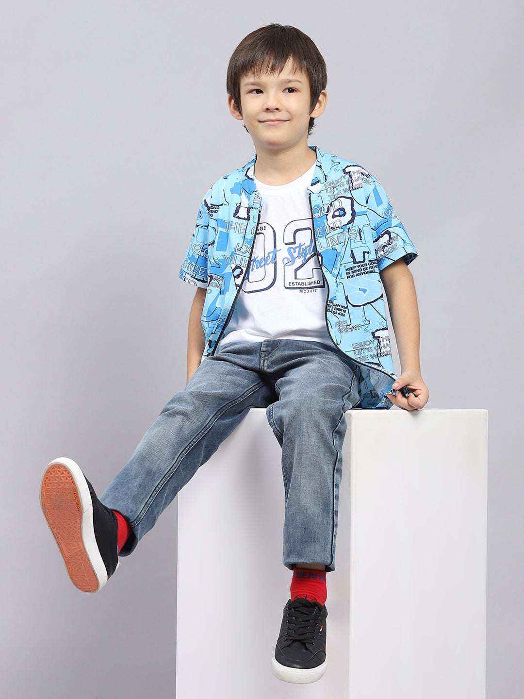 Boys Blue & White Printed Round Neck Half Sleeve Pack of T-Shirt & Shirt