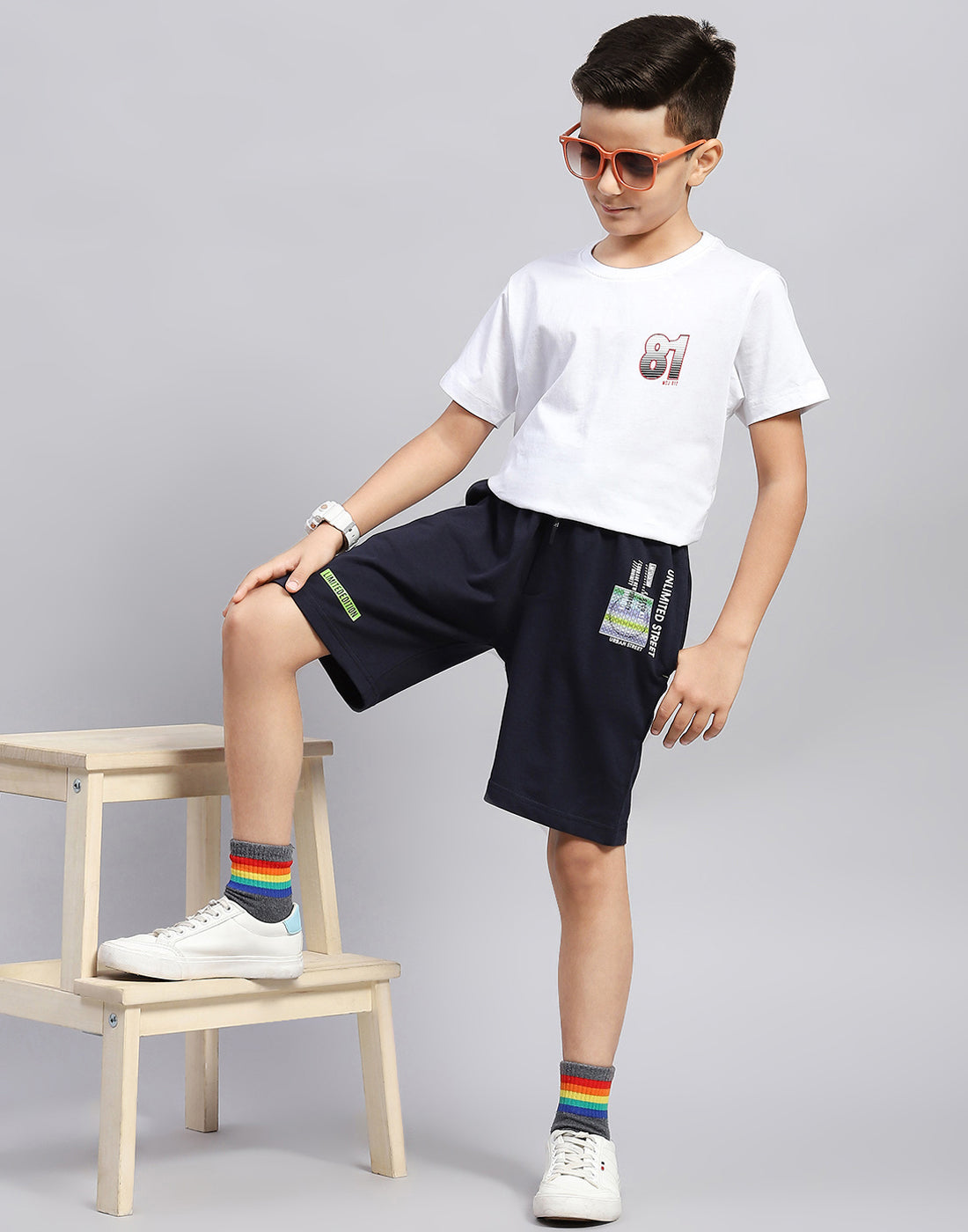 Boys Navy Blue Printed Regular Fit Bermuda