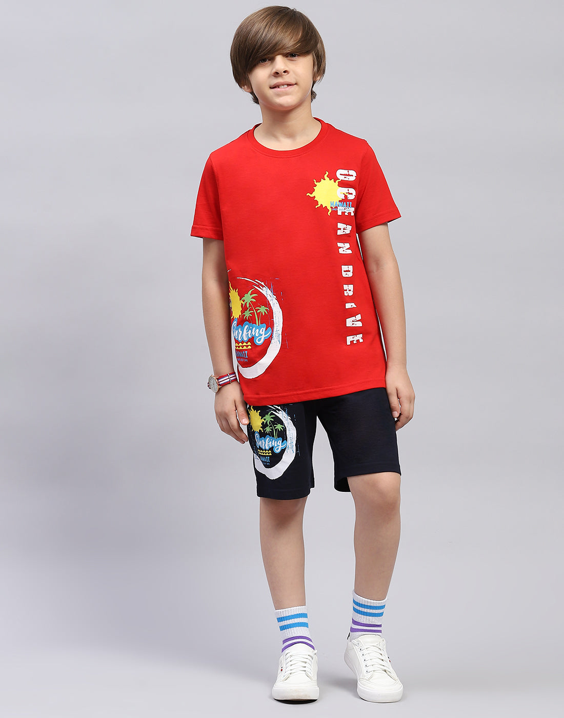 Boys Red & Navy Blue Printed Round Neck Half Sleeve Bermuda Set