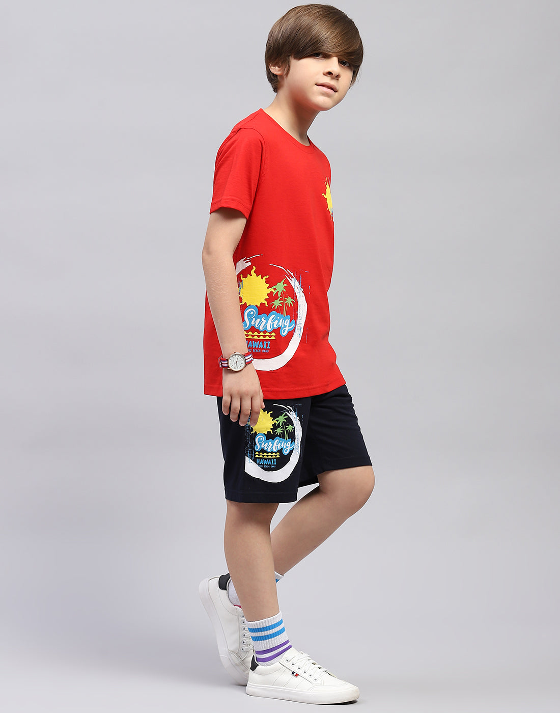 Boys Red & Navy Blue Printed Round Neck Half Sleeve Bermuda Set