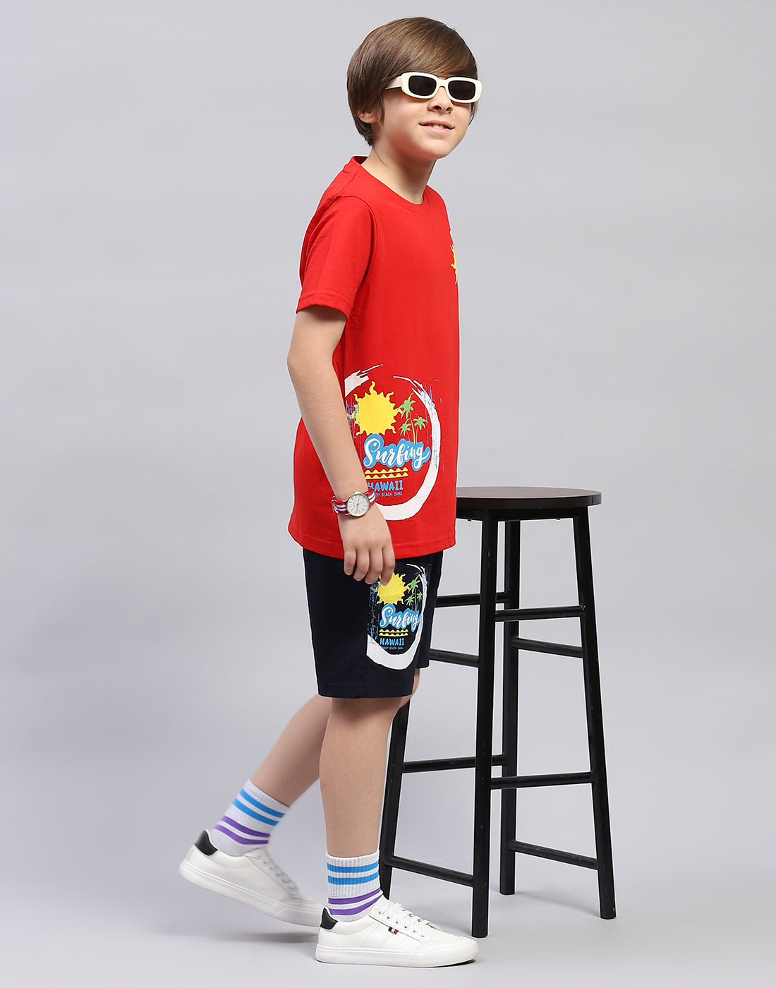 Boys Red & Navy Blue Printed Round Neck Half Sleeve Bermuda Set