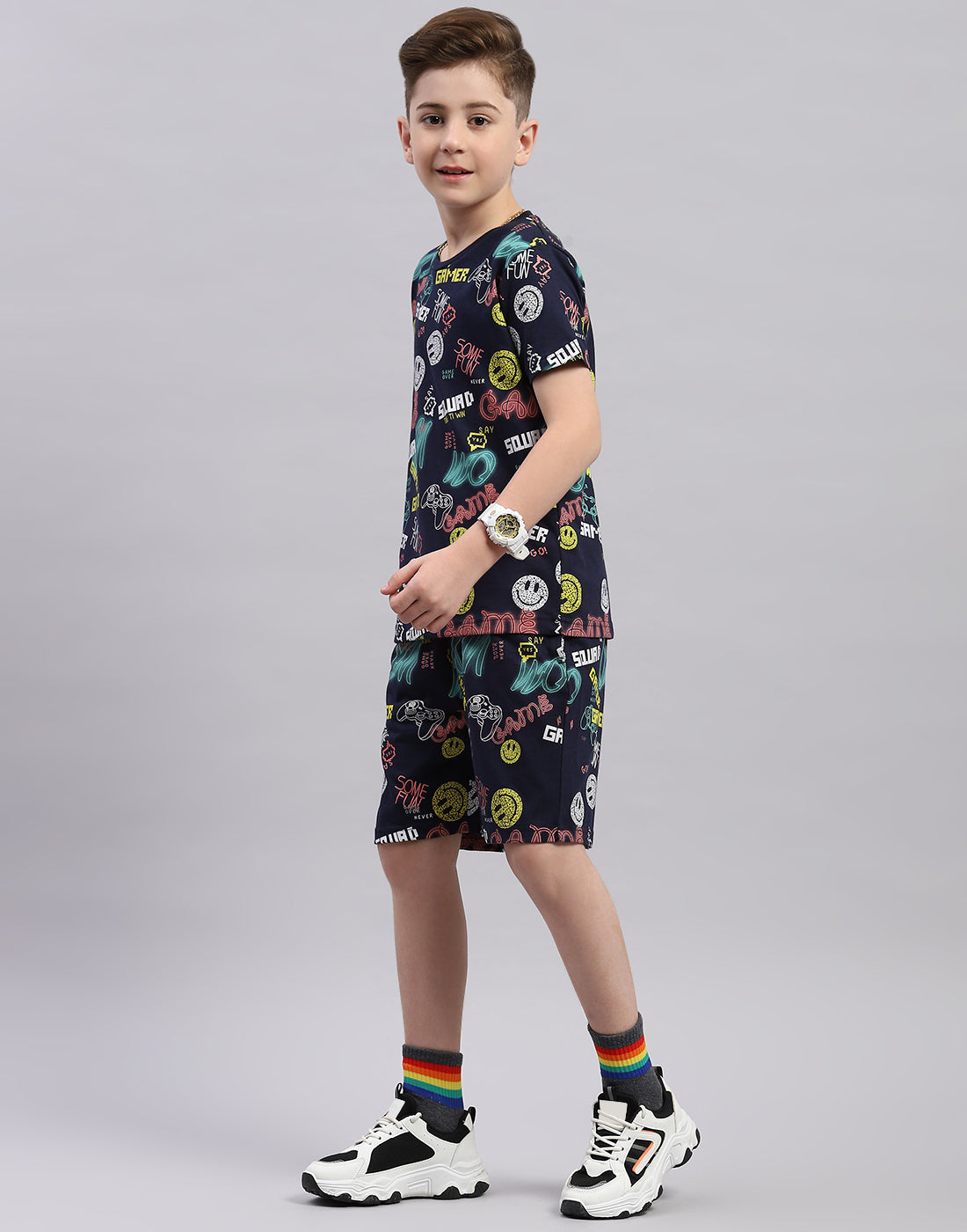 Boys Navy Blue Printed Round Neck Half Sleeve Bermuda Set