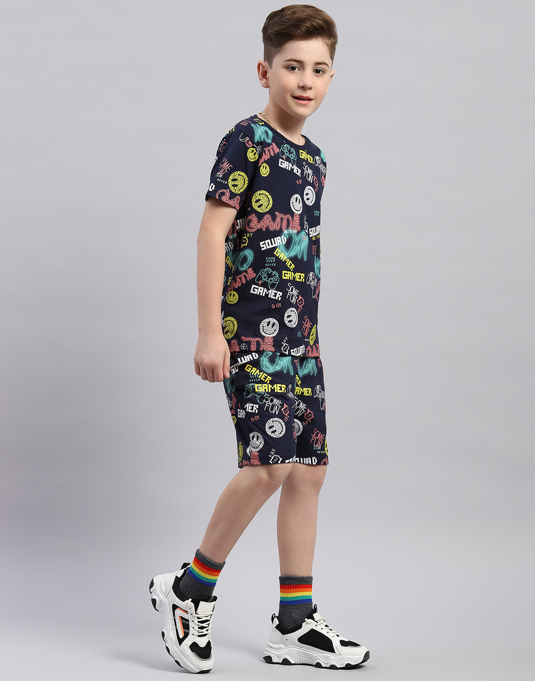 Boys Navy Blue Printed Round Neck Half Sleeve Bermuda Set