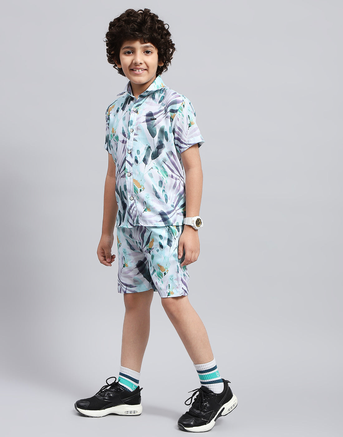 Boys Blue Printed Collar Neck Half Sleeve Bermuda Set