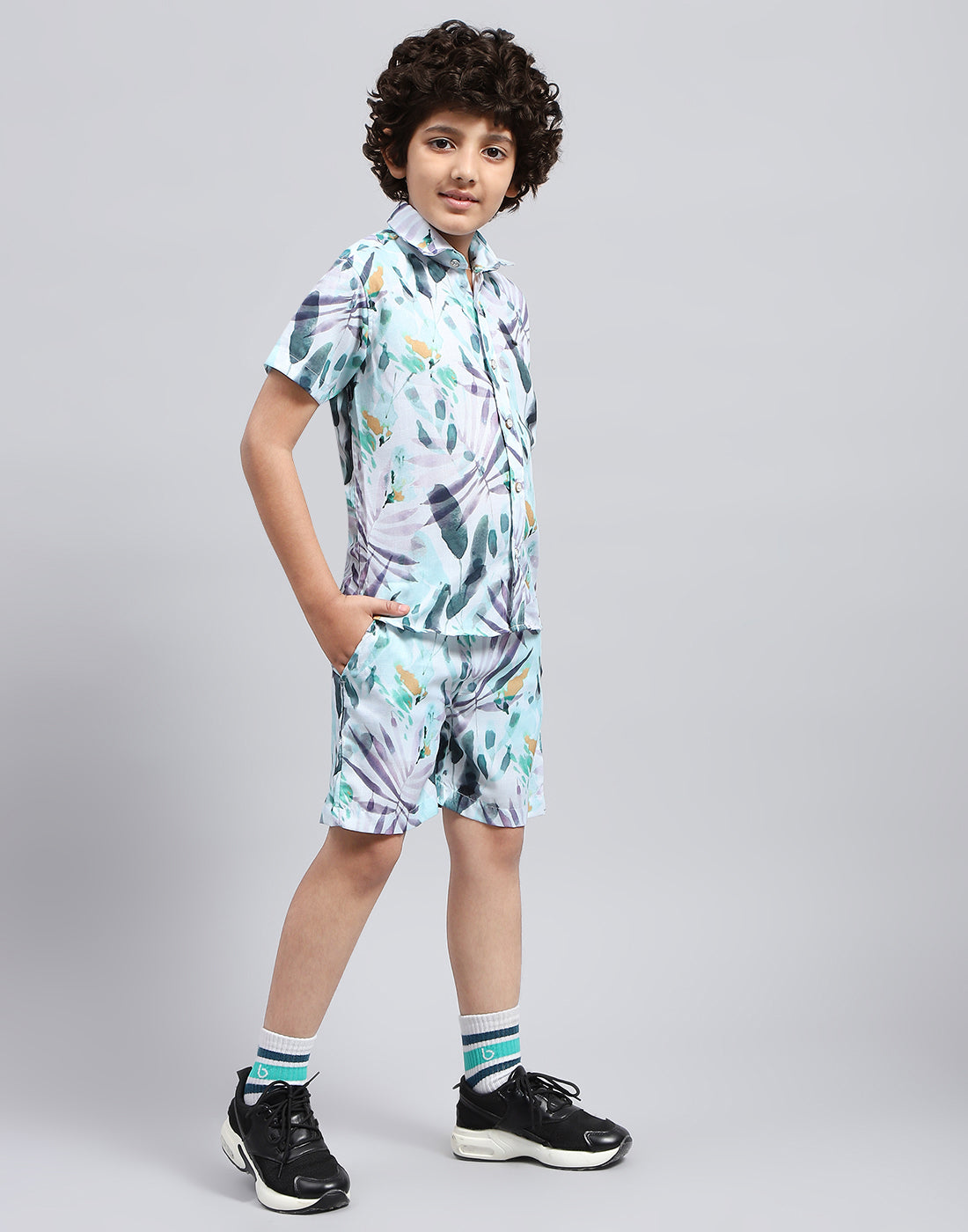 Boys Blue Printed Collar Neck Half Sleeve Bermuda Set