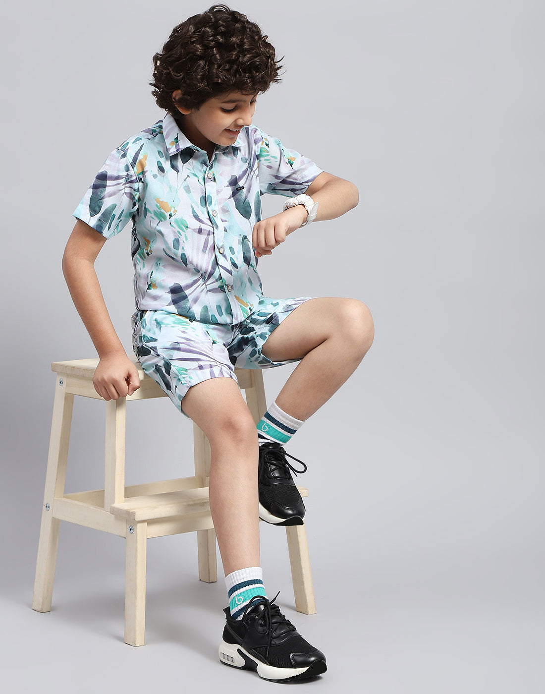 Boys Blue Printed Collar Neck Half Sleeve Bermuda Set