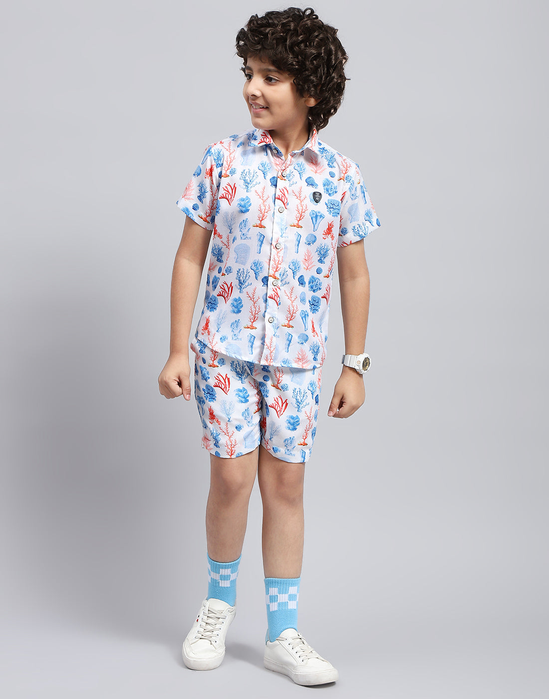 Boys Blue Printed Collar Neck Half Sleeve Bermuda Set