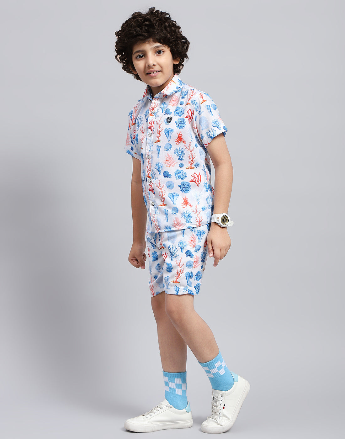 Boys Blue Printed Collar Neck Half Sleeve Bermuda Set