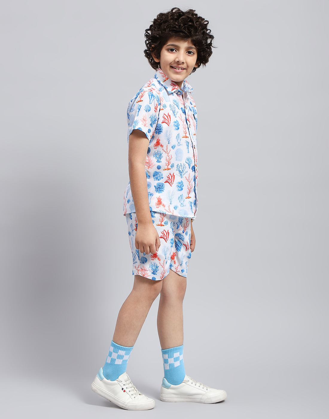 Boys Blue Printed Collar Neck Half Sleeve Bermuda Set