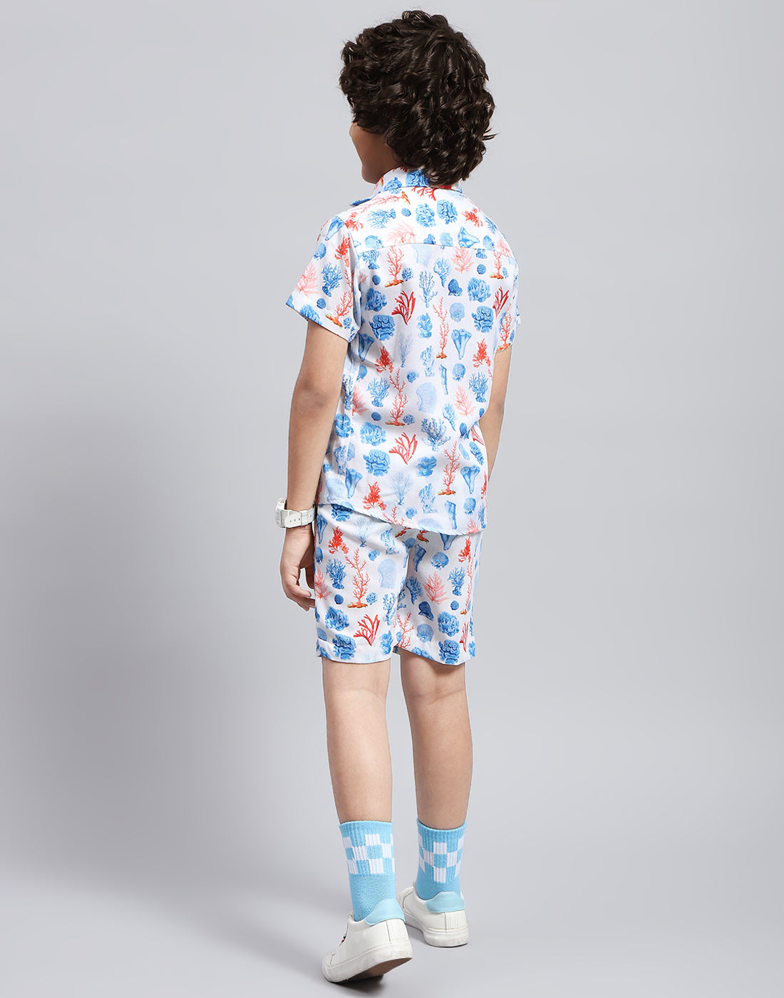 Boys Blue Printed Collar Neck Half Sleeve Bermuda Set