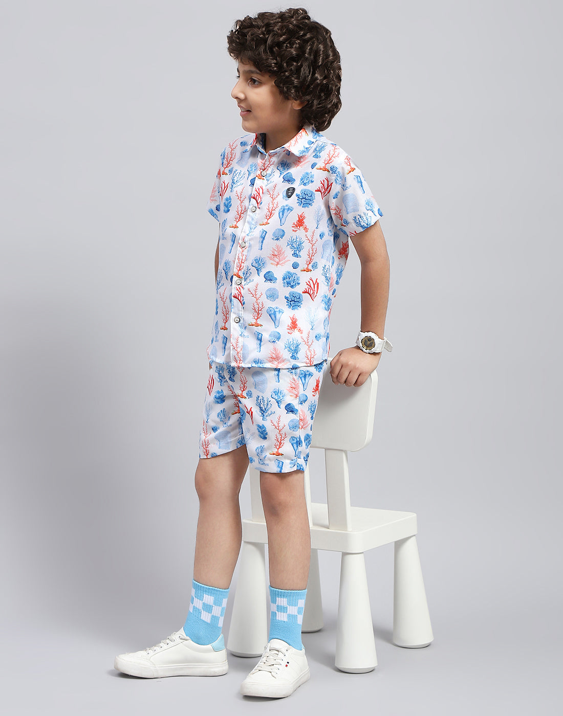 Boys Blue Printed Collar Neck Half Sleeve Bermuda Set