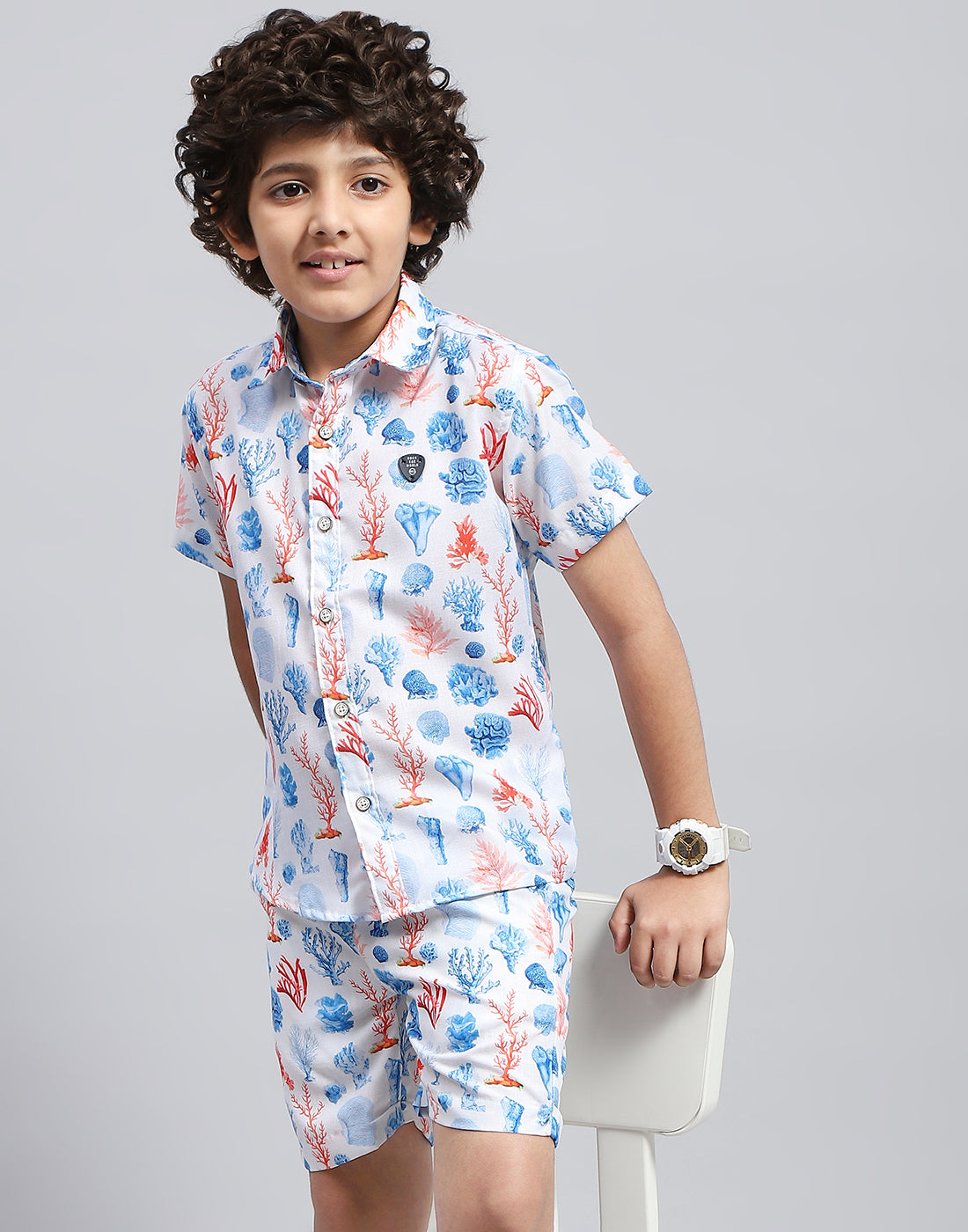 Boys Blue Printed Collar Neck Half Sleeve Bermuda Set