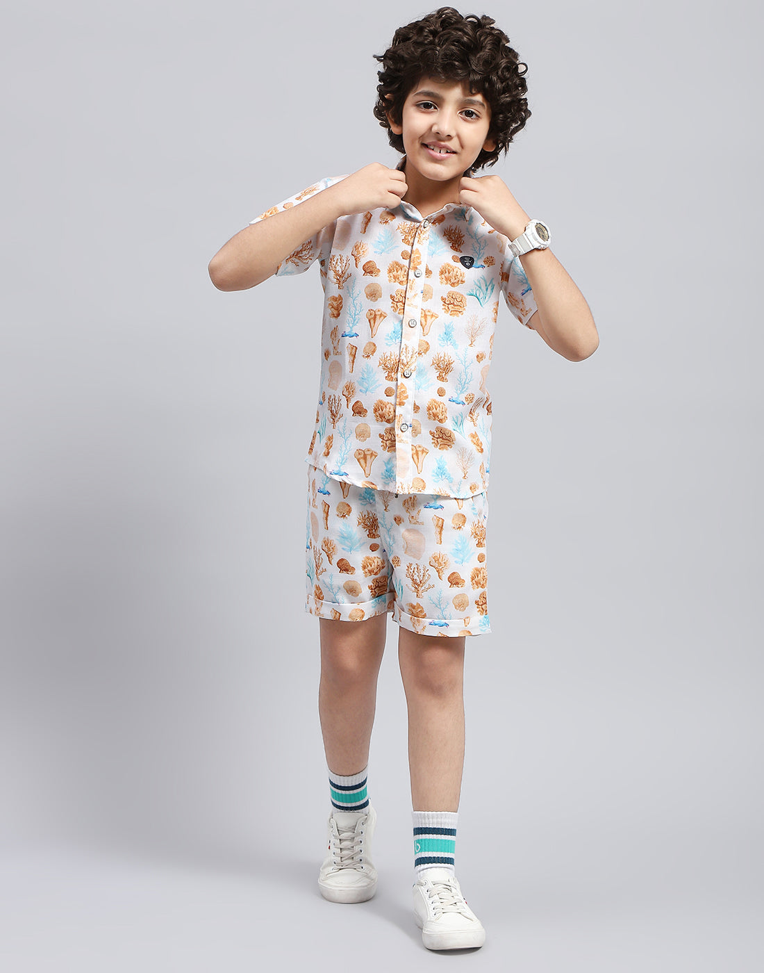 Boys Brown Printed Collar Neck Half Sleeve Bermuda Set