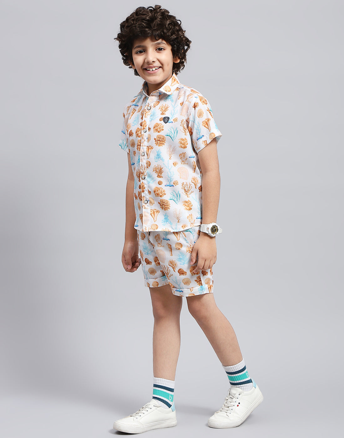 Boys Brown Printed Collar Neck Half Sleeve Bermuda Set