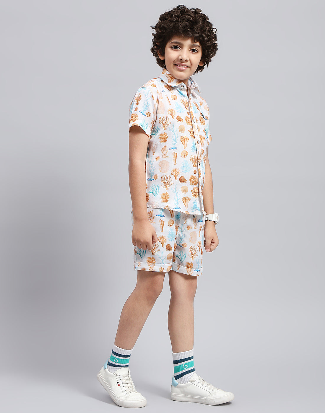 Boys Brown Printed Collar Neck Half Sleeve Bermuda Set