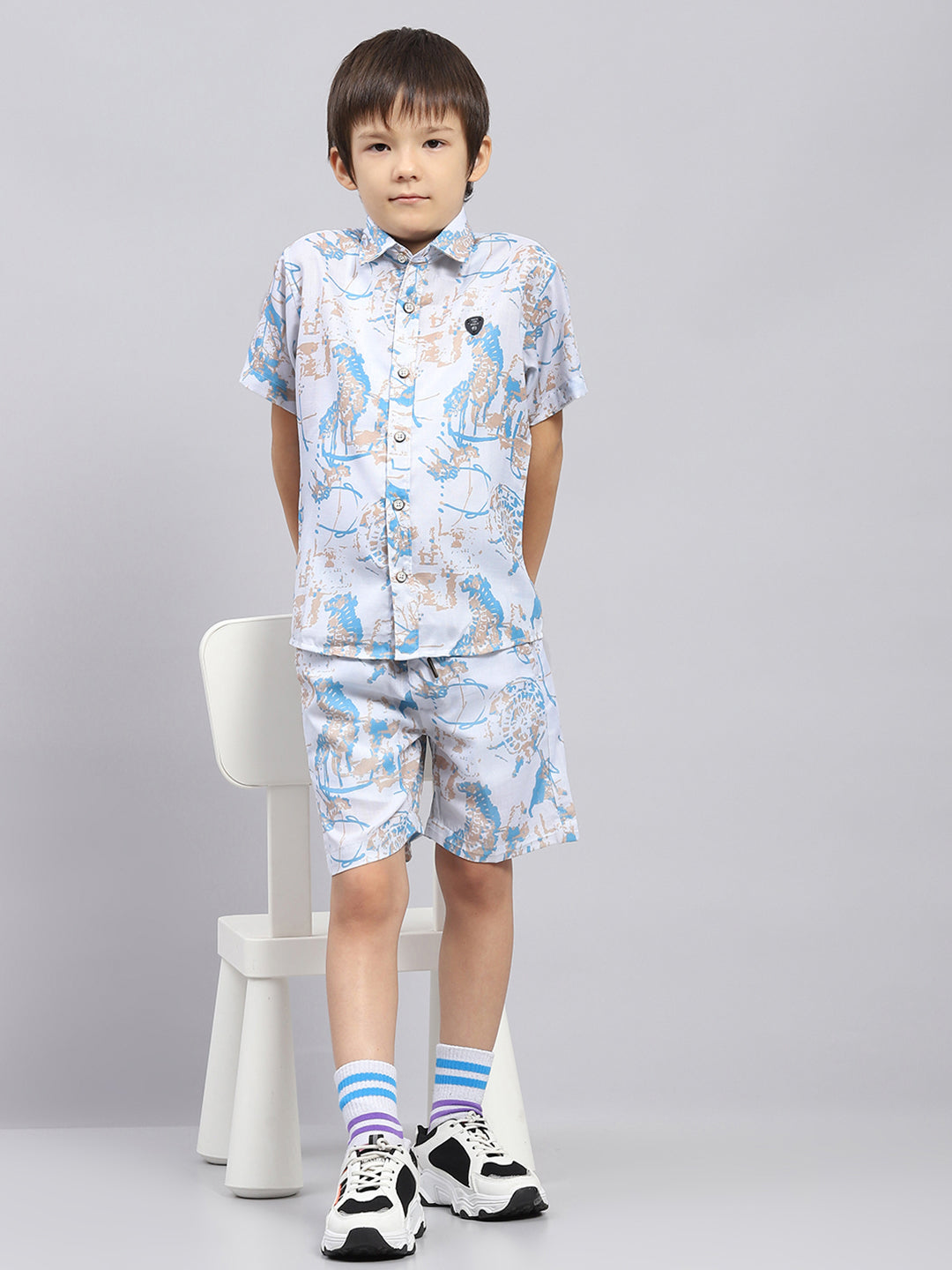 Boys Blue Printed Collar Half Sleeve Bermuda Set