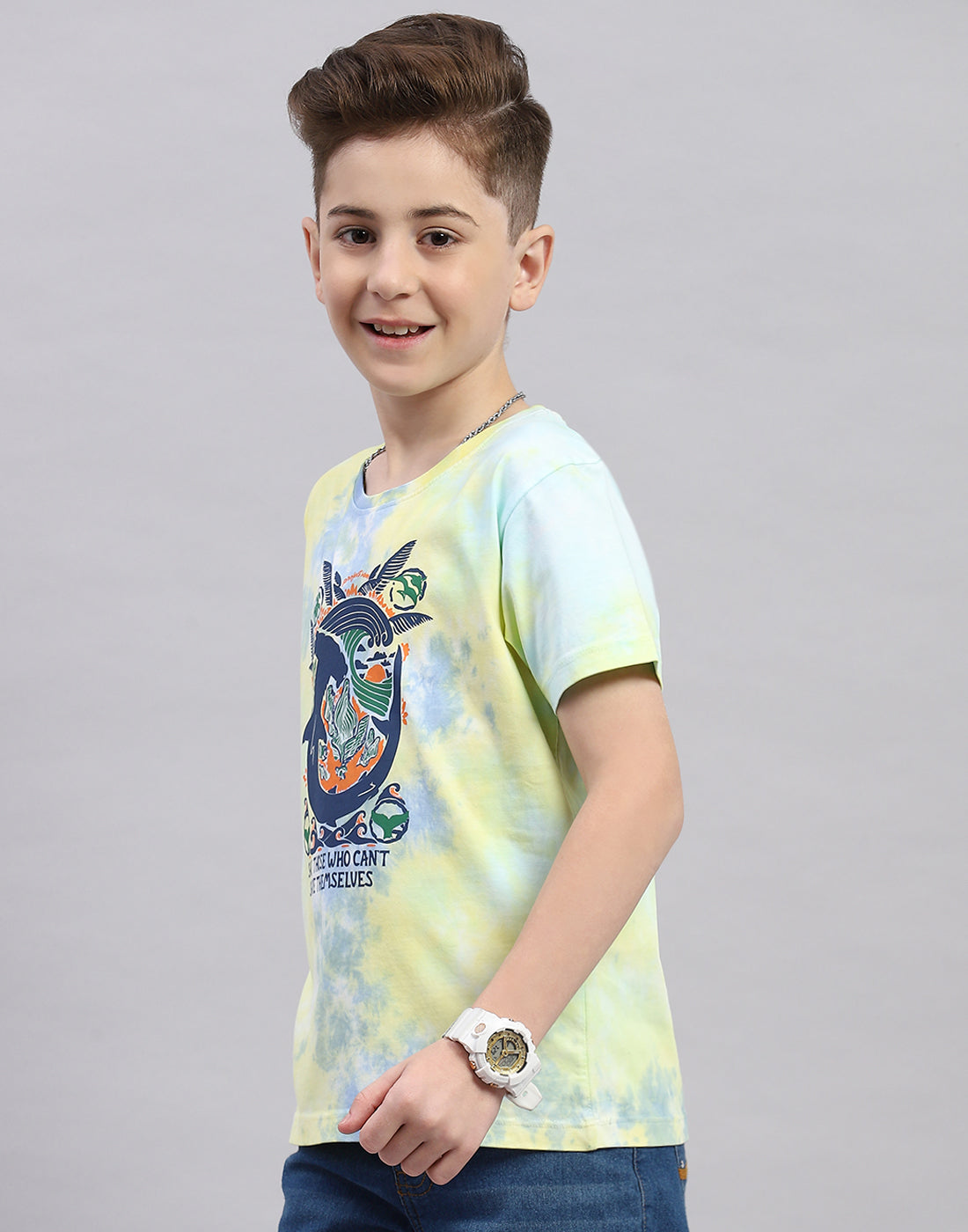 Boys Yellow Printed Round Neck Half Sleeve T-Shirt