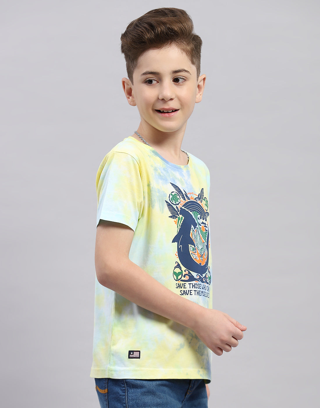 Boys Yellow Printed Round Neck Half Sleeve T-Shirt