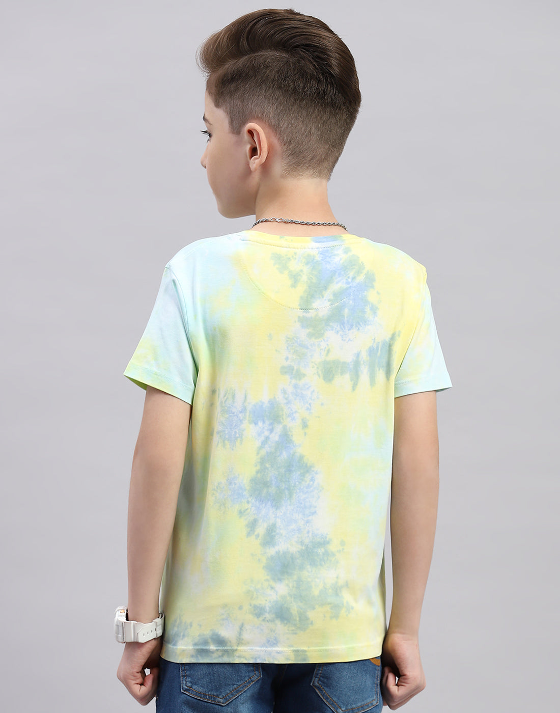 Boys Yellow Printed Round Neck Half Sleeve T-Shirt