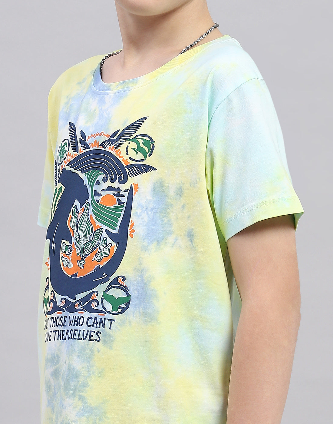 Boys Yellow Printed Round Neck Half Sleeve T-Shirt