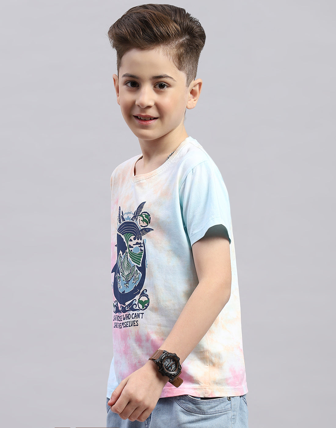 Boys Blue Printed Round Neck Half Sleeve T-Shirt