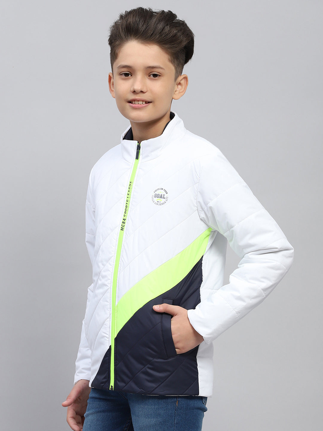 Boys White Printed Mock Neck Full Sleeve Jacket