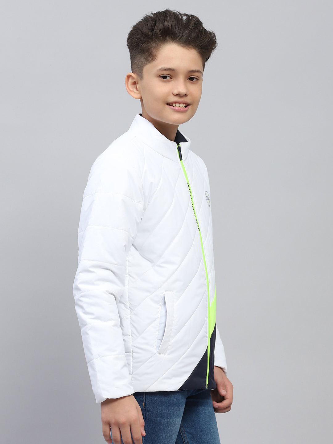 Boys White Printed Mock Neck Full Sleeve Jacket