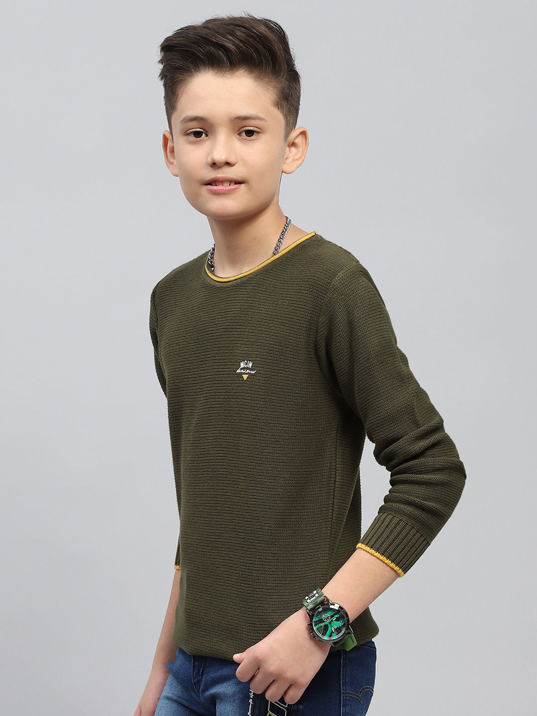 Boys Olive Self Design Round Neck Full Sleeve Pullover