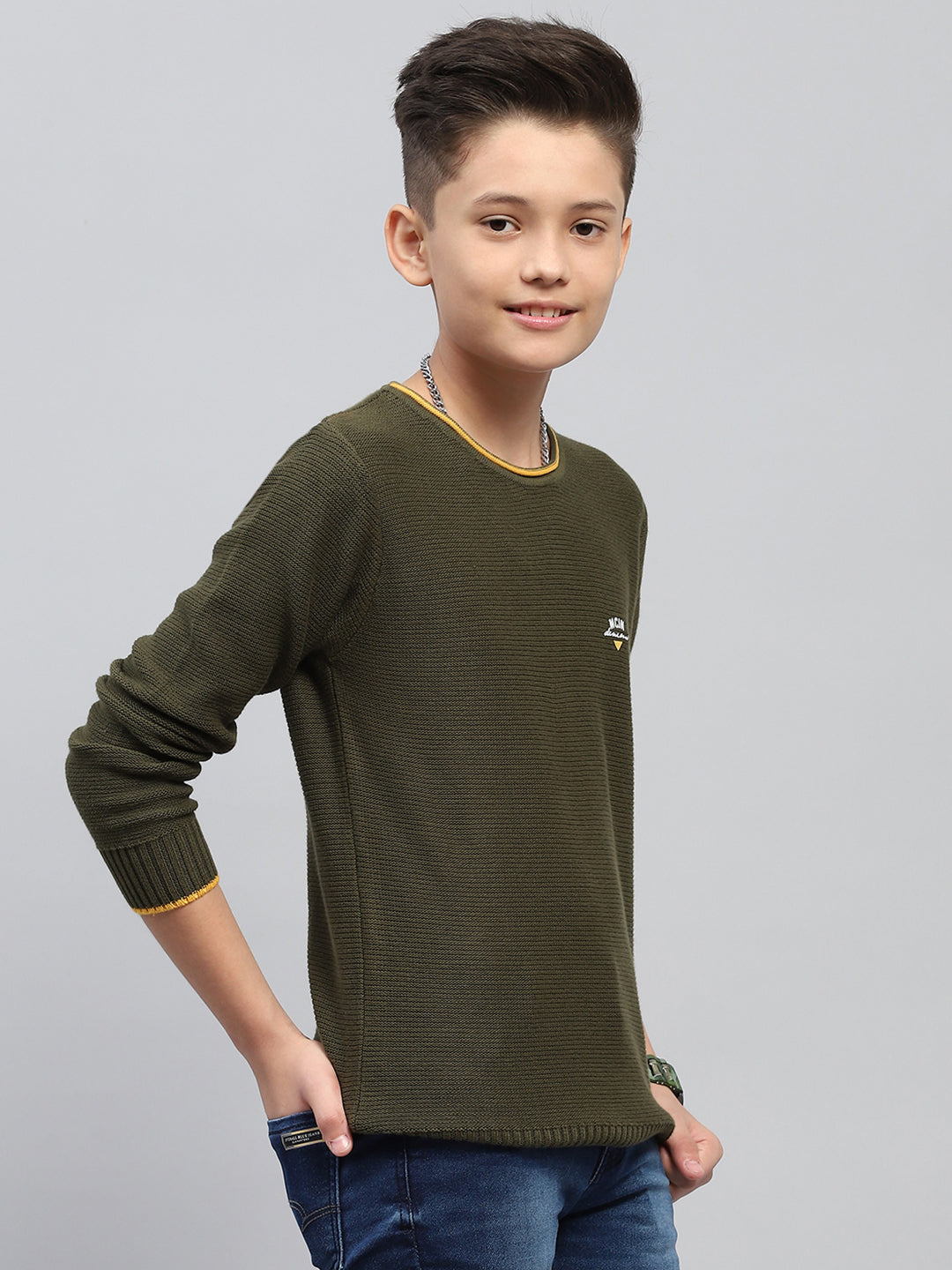 Boys Olive Self Design Round Neck Full Sleeve Pullover