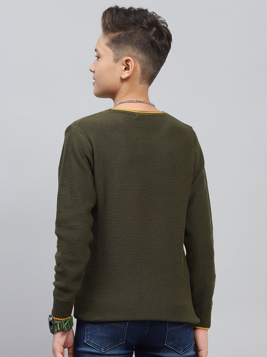 Boys Olive Self Design Round Neck Full Sleeve Pullover